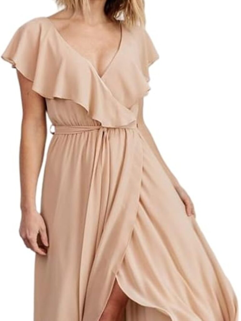 NWT XL Simplee Apparel Beige Maxi Dress with Ruffle V-Neck and high low hem